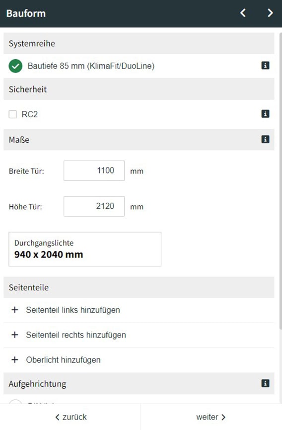 Haustüren Konfigurator Schritt 2 Bauform wählen